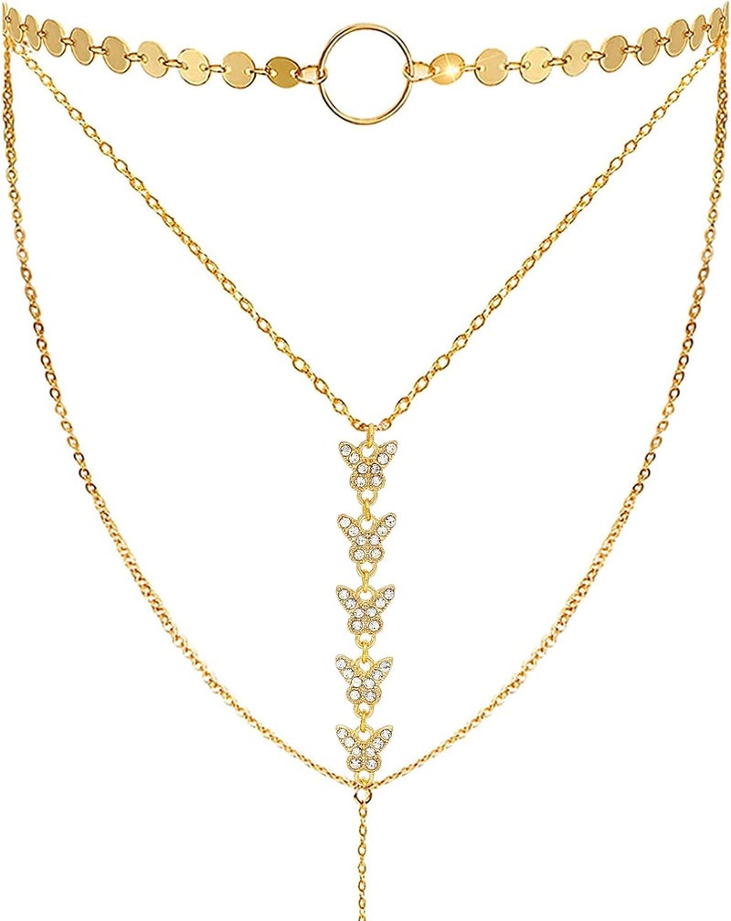 Suyi Stylish Layered Sequins Choker Necklace with Thin Long Chian Pendant for Women Lady - Image 1